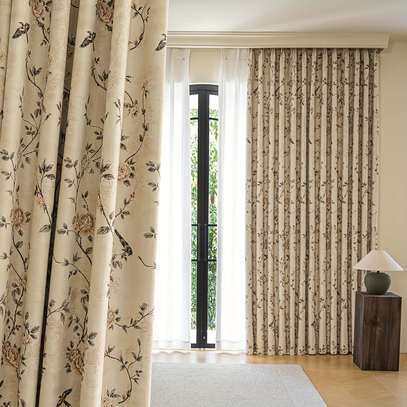 Rideau occultant thermique style campagne motif oiseaux et fleurs