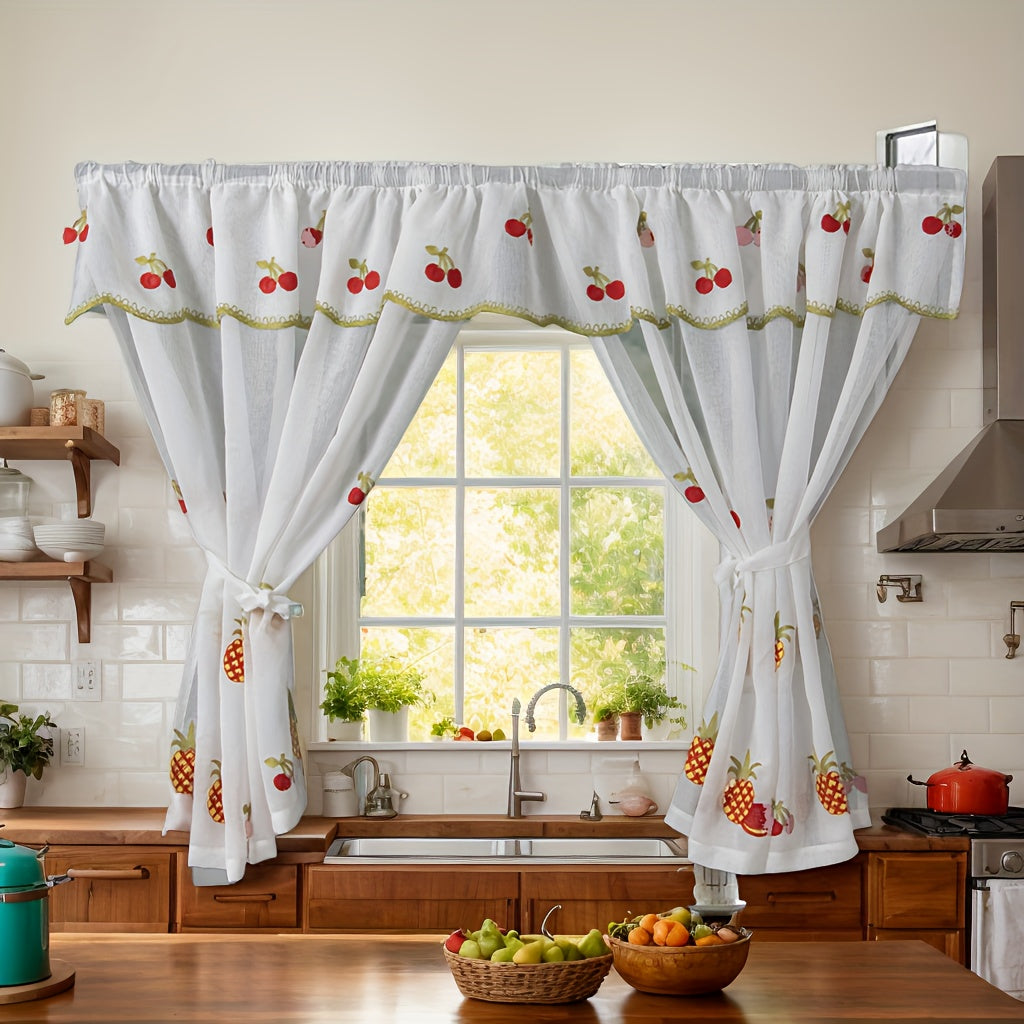 Rideaux cuisine brodés fruits double épaisseur en polyester (2 panneaux)