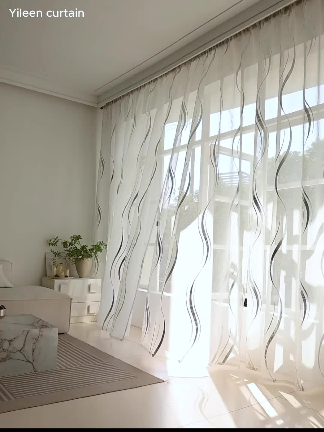 Rideau voile à motif vague doré semi-opaque pour salon et chambre (2 panneaux)