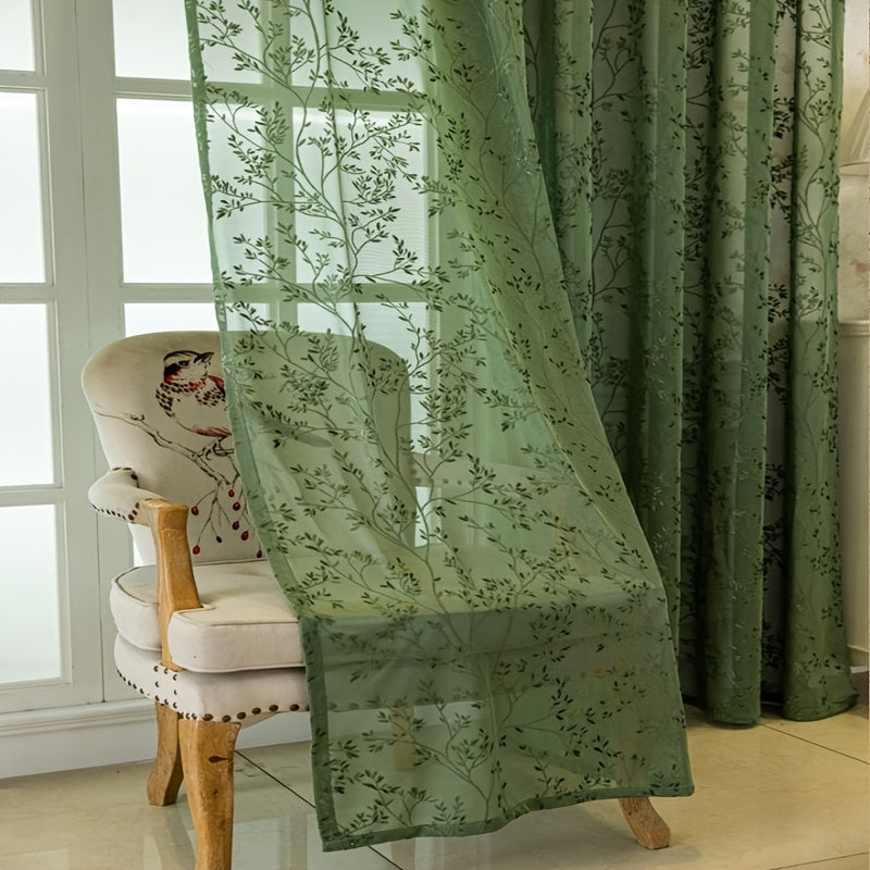 Rideau voilage vert brodé feuillage à œillets pour salon et chambre