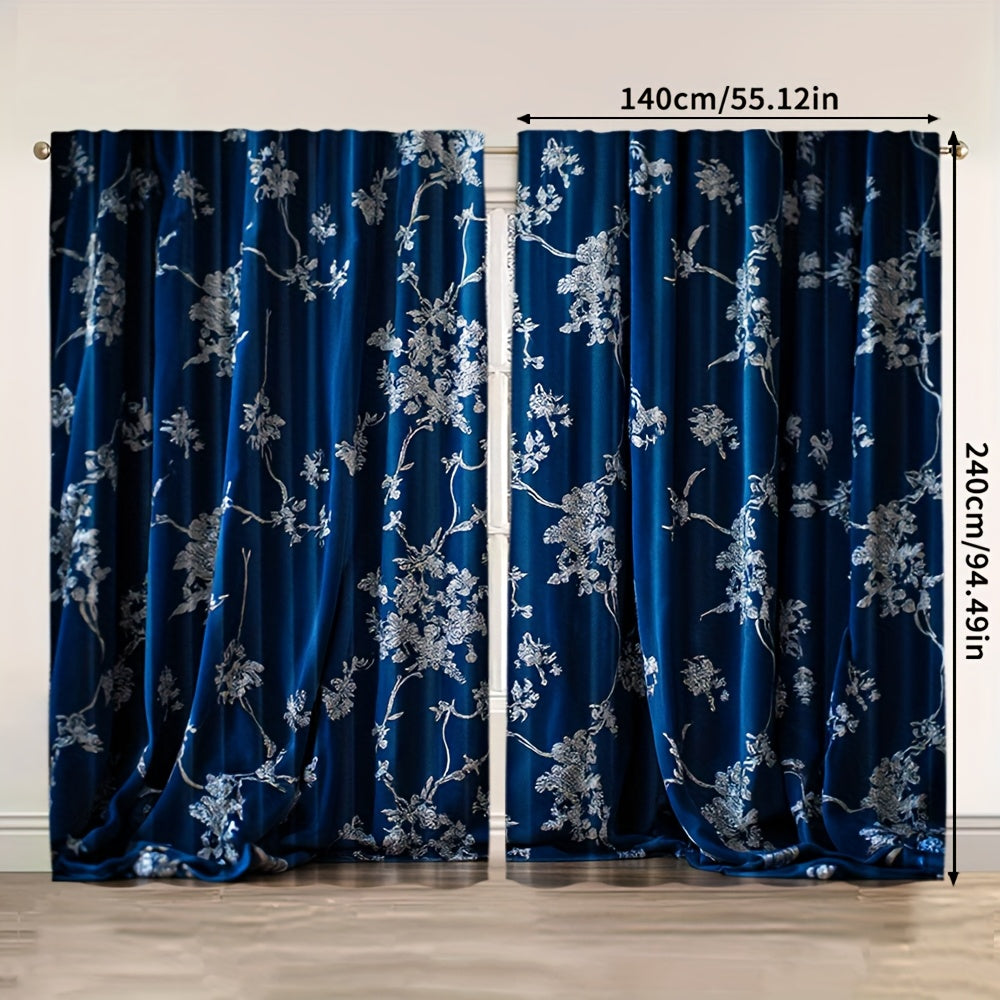 Rideaux tamisants bleu nuit à motifs floraux en polyester (2 panneaux)
