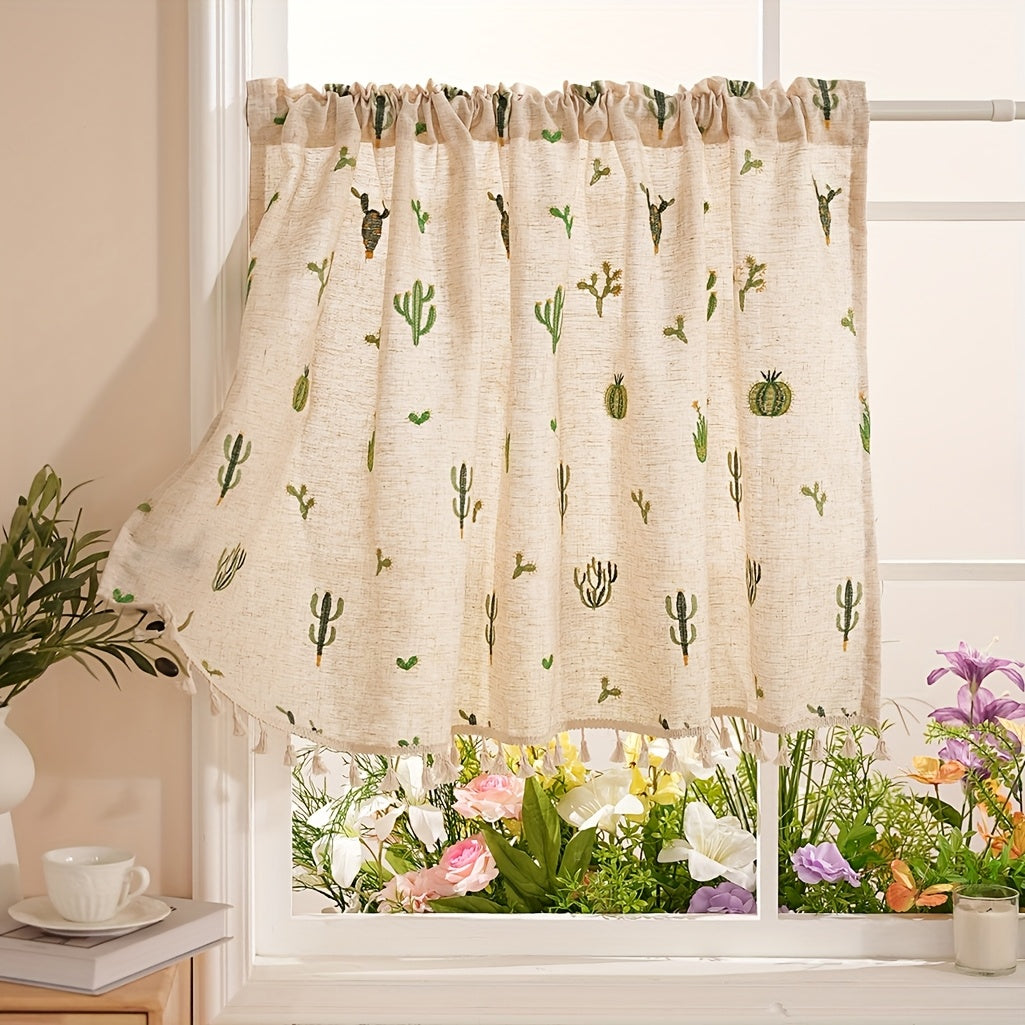 Rideau café brodé cactus en polyester style campagne pour petite fenêtre