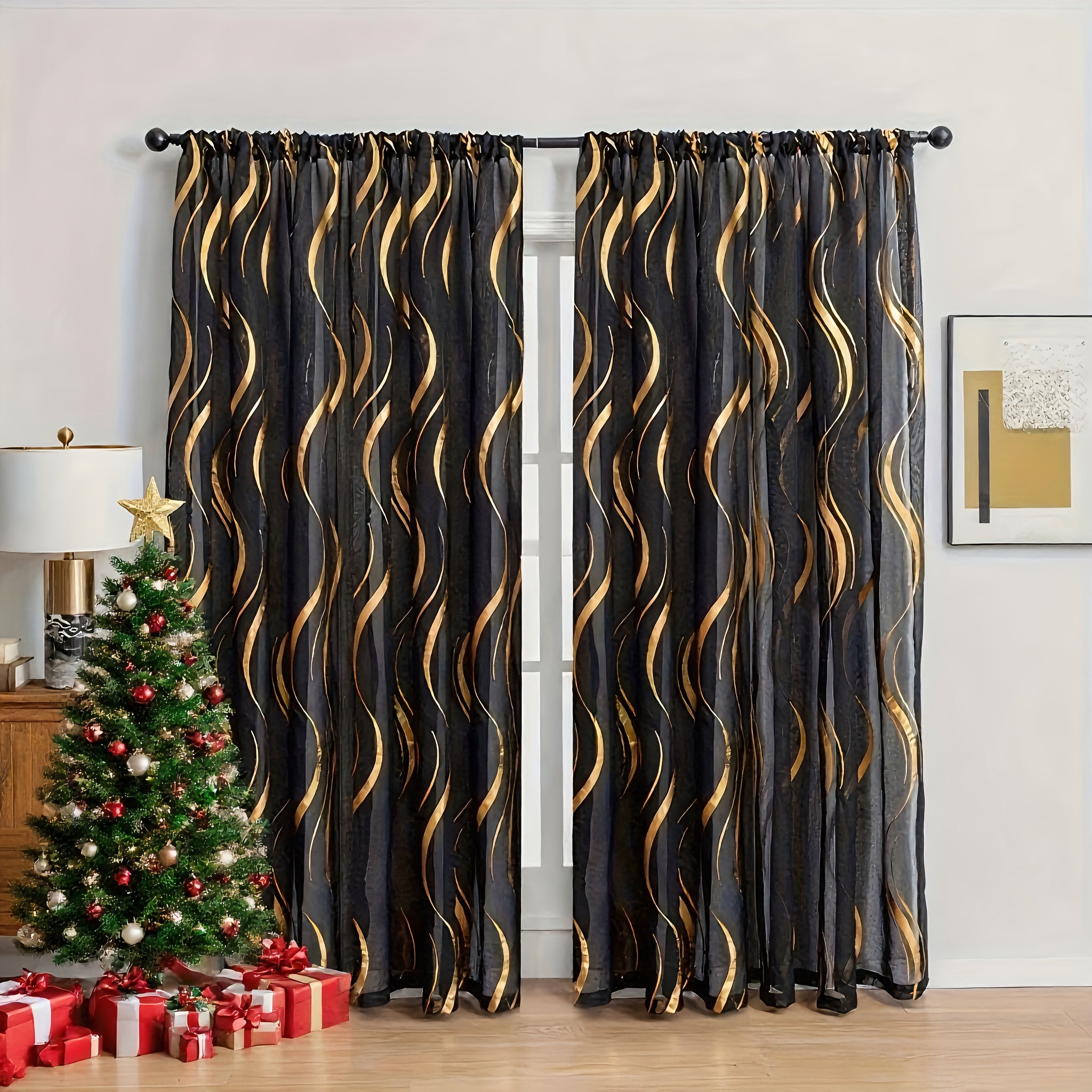 Rideau voile à motif vague doré semi-opaque pour salon et chambre (2 panneaux)