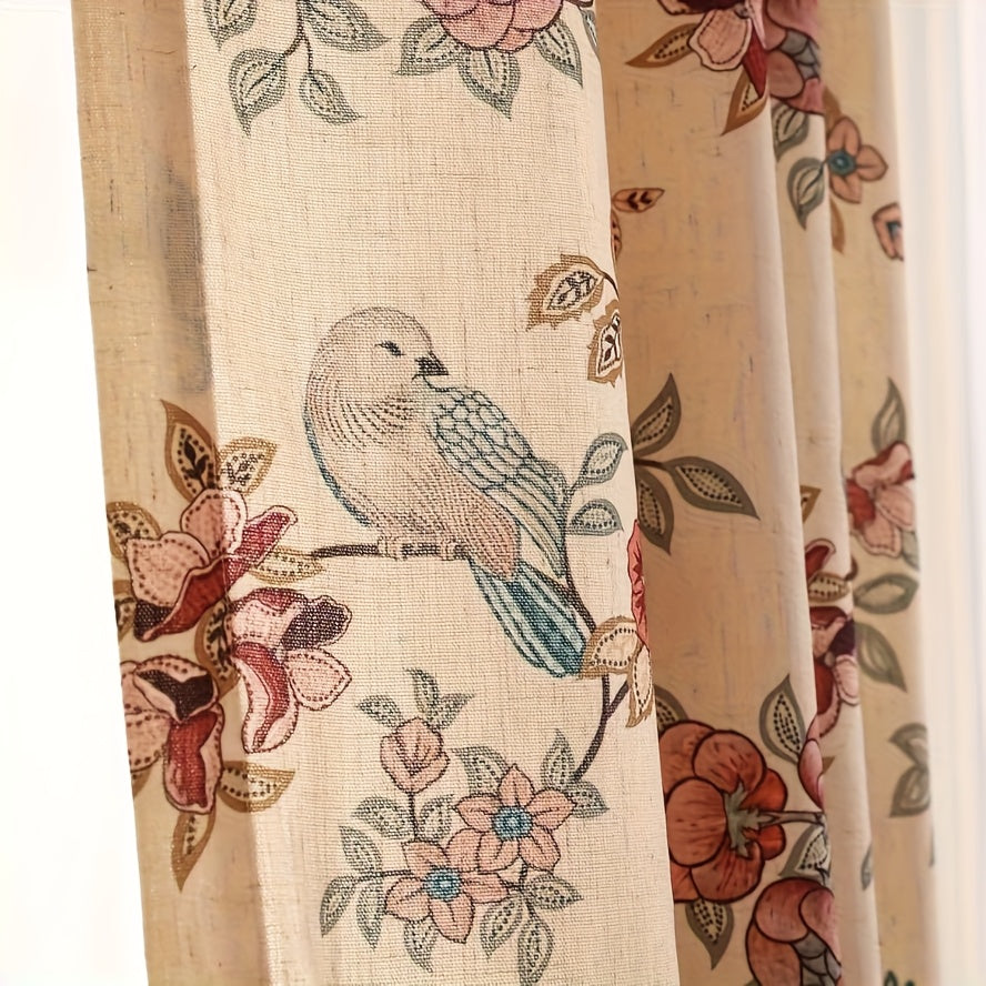 Rideau bohème floral oiseaux style vintage en tissu imitation lin