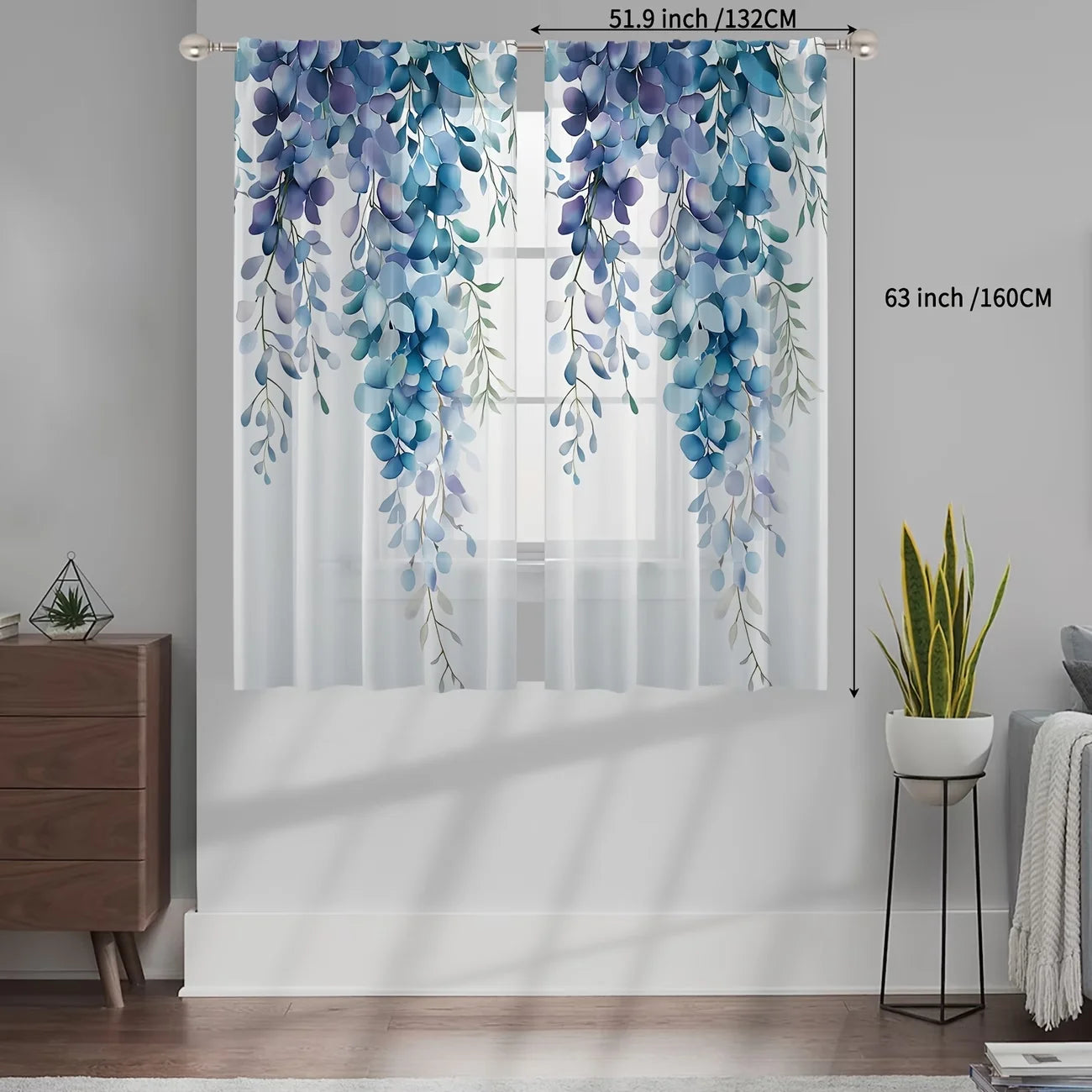 Rideaux voilage fleurs bleues imprimées tamisant style romantique