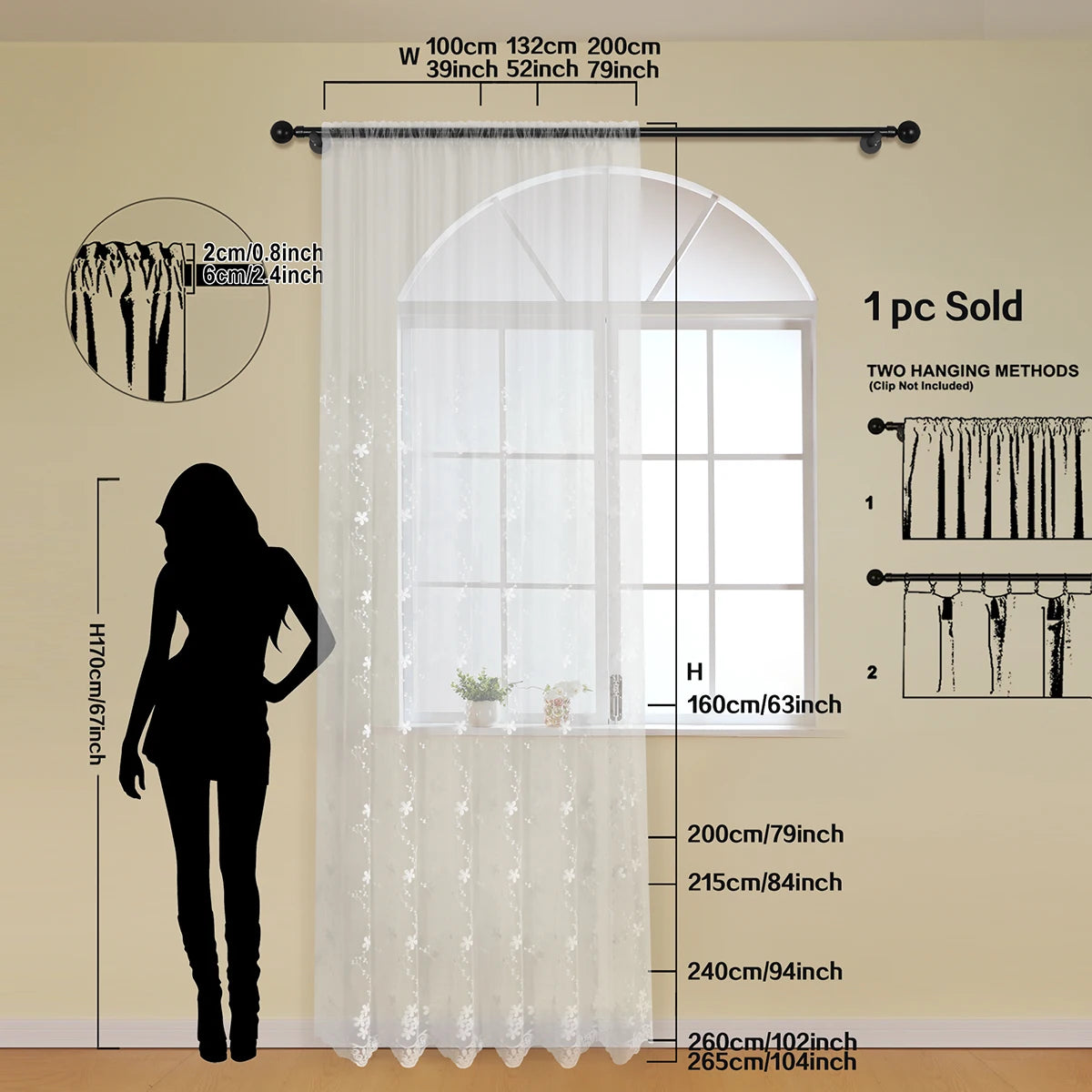 Rideau voilage fleurs brodées dentelle blanche tamisant pour salon et chambre (1 pièce)