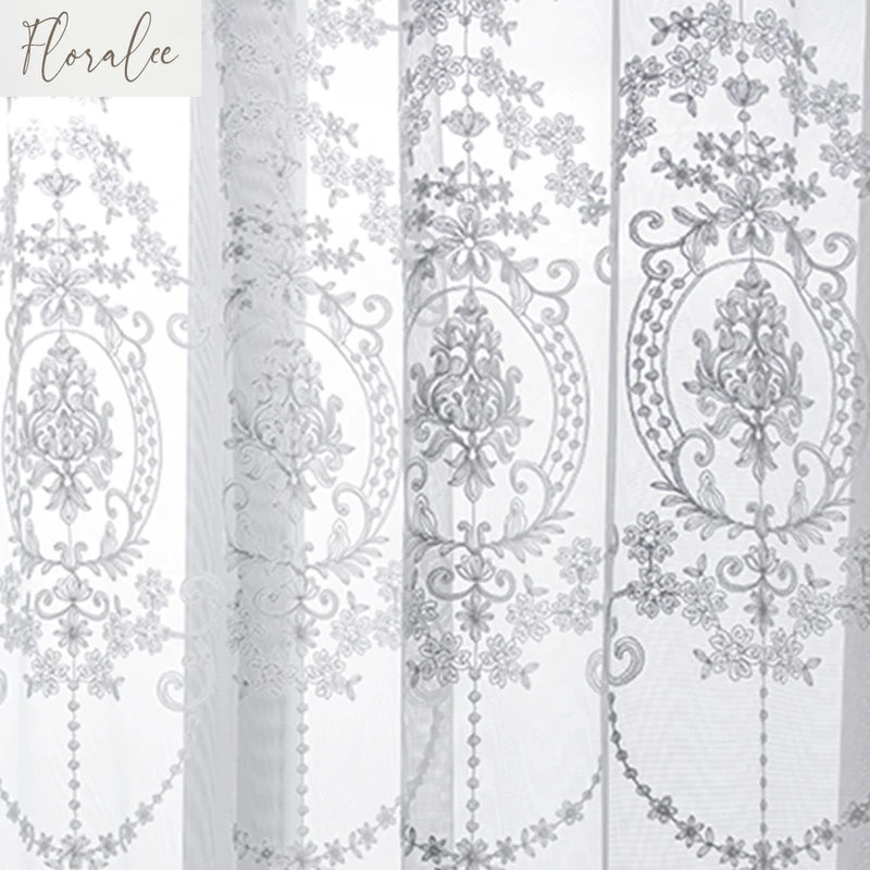 Rideau en voile brodé floral de luxe – Tulle translucide pour fenêtre
