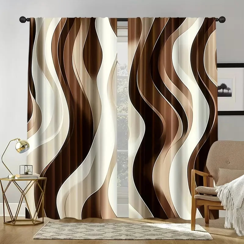 Rideaux voilage vagues marron et crème en polyester pour salon (2 panneaux)