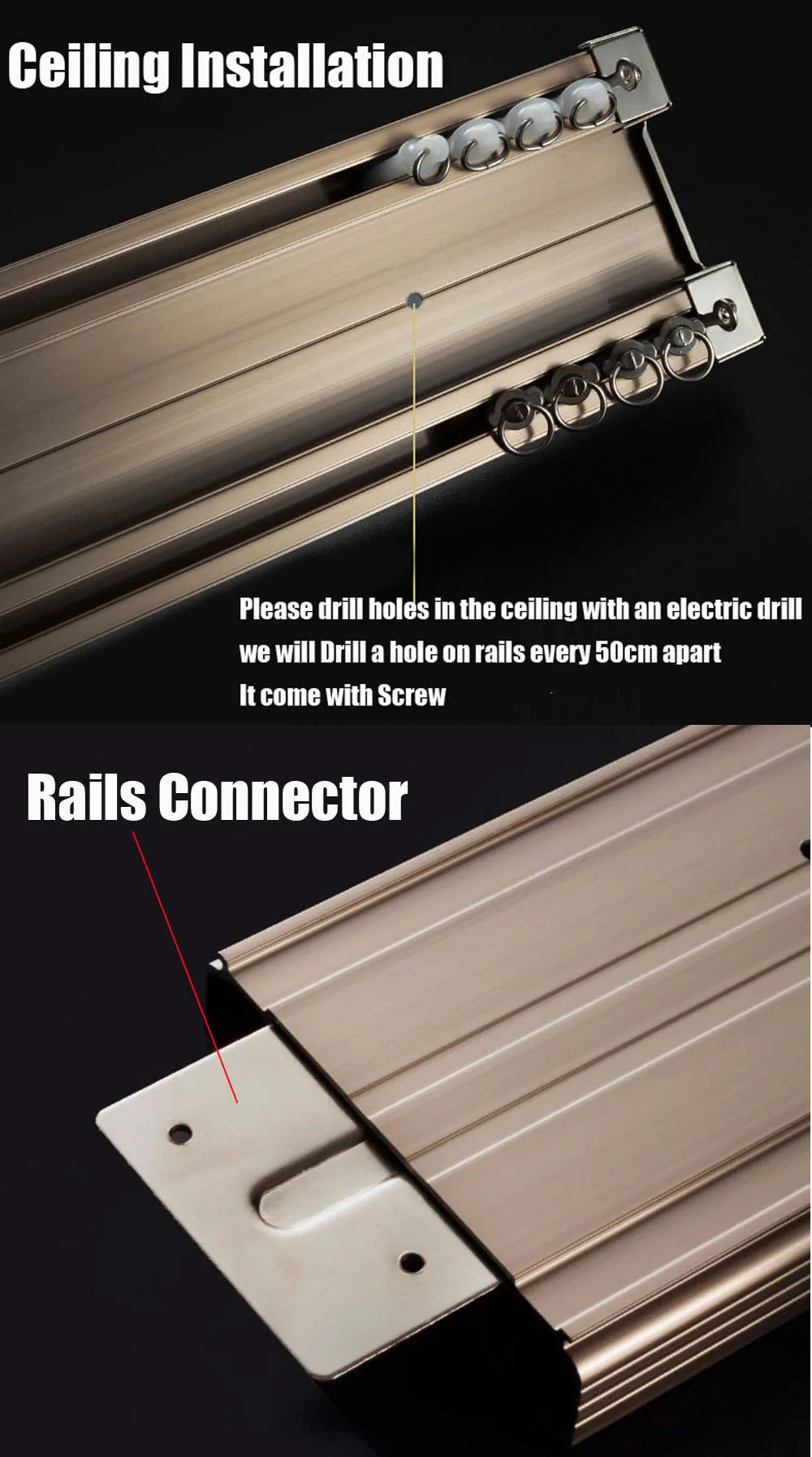 Tringle à rideaux en alliage d'aluminium Champagne Gold avec roulettes métalliques – Double rail pour installation au plafond