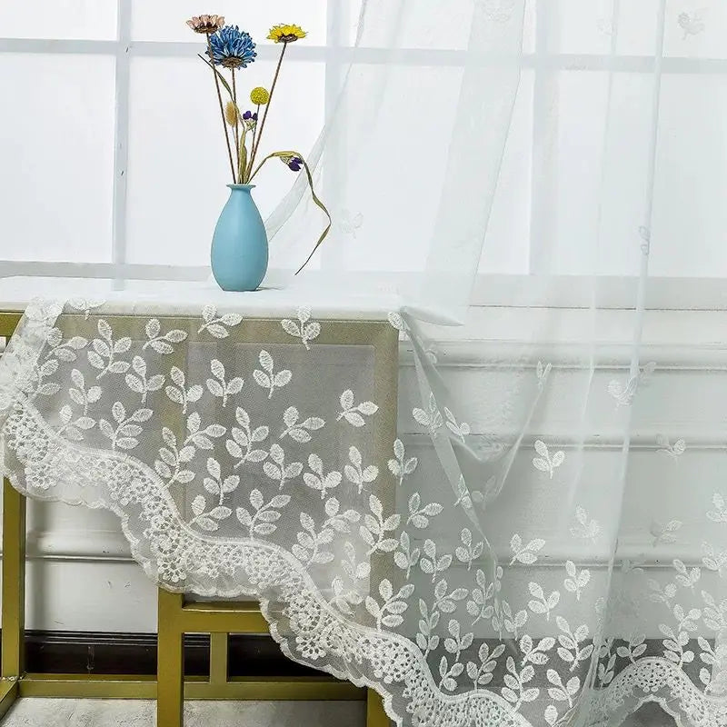 Rideau voilage feuilles brodées dentelle bas finition tamisant pour salon (1 pièce)