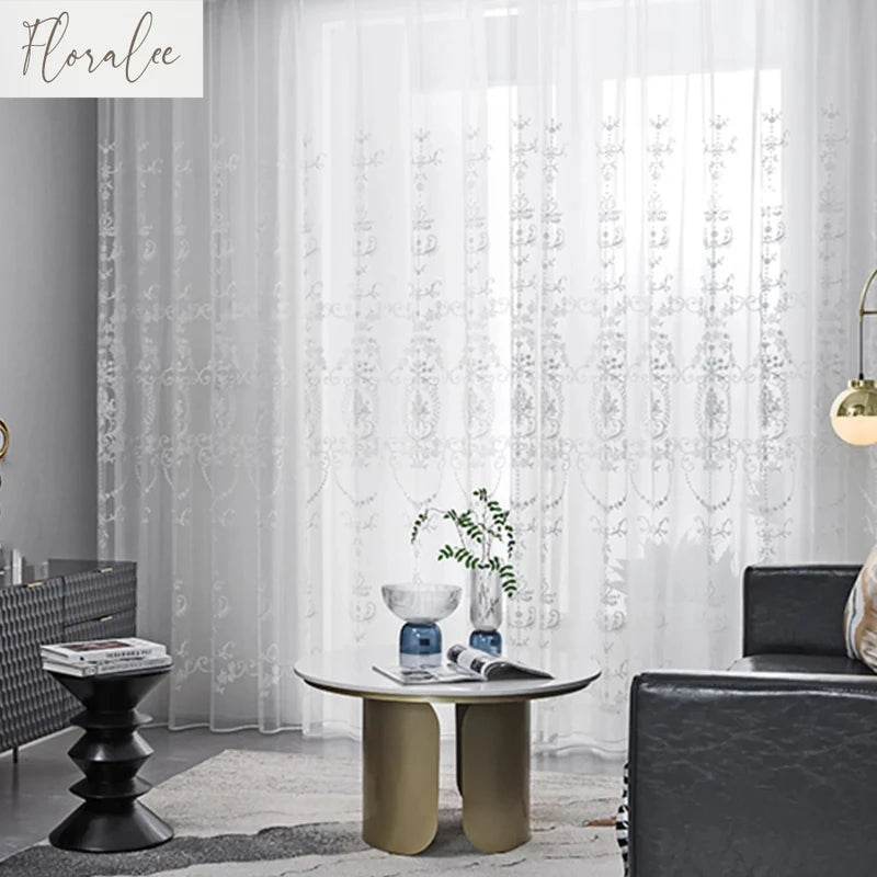 Rideau en voile brodé floral de luxe – Tulle translucide pour fenêtre