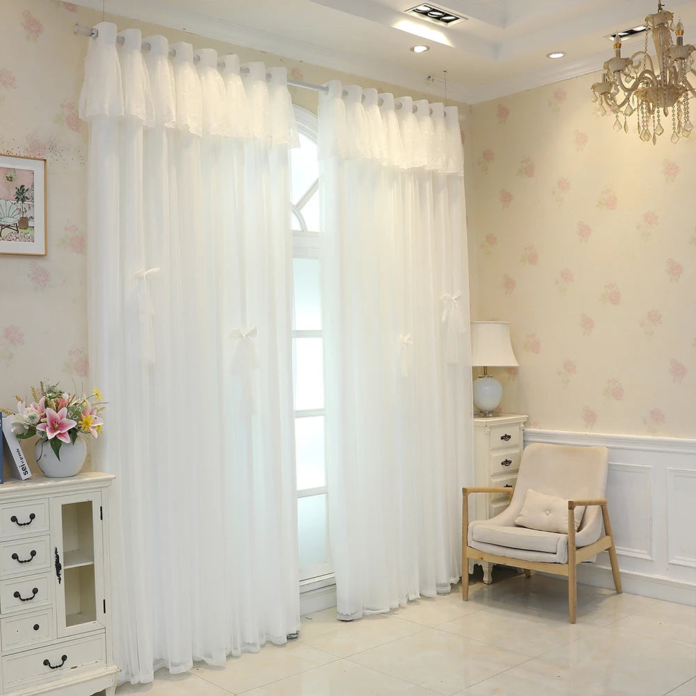 Rideau double épaisseur blanc avec voilage et nœuds papillon décoratifs