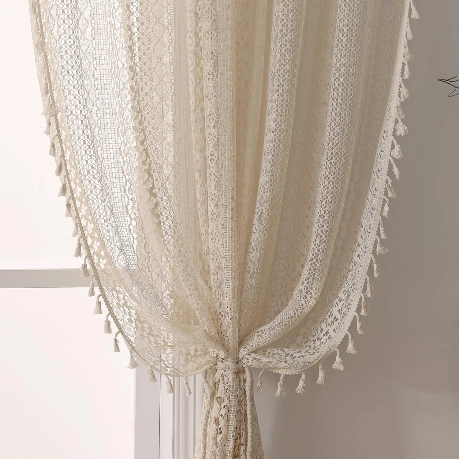 Rideau voilage bohème à pompons beige tamisant style japonais pour porte-fenêtre