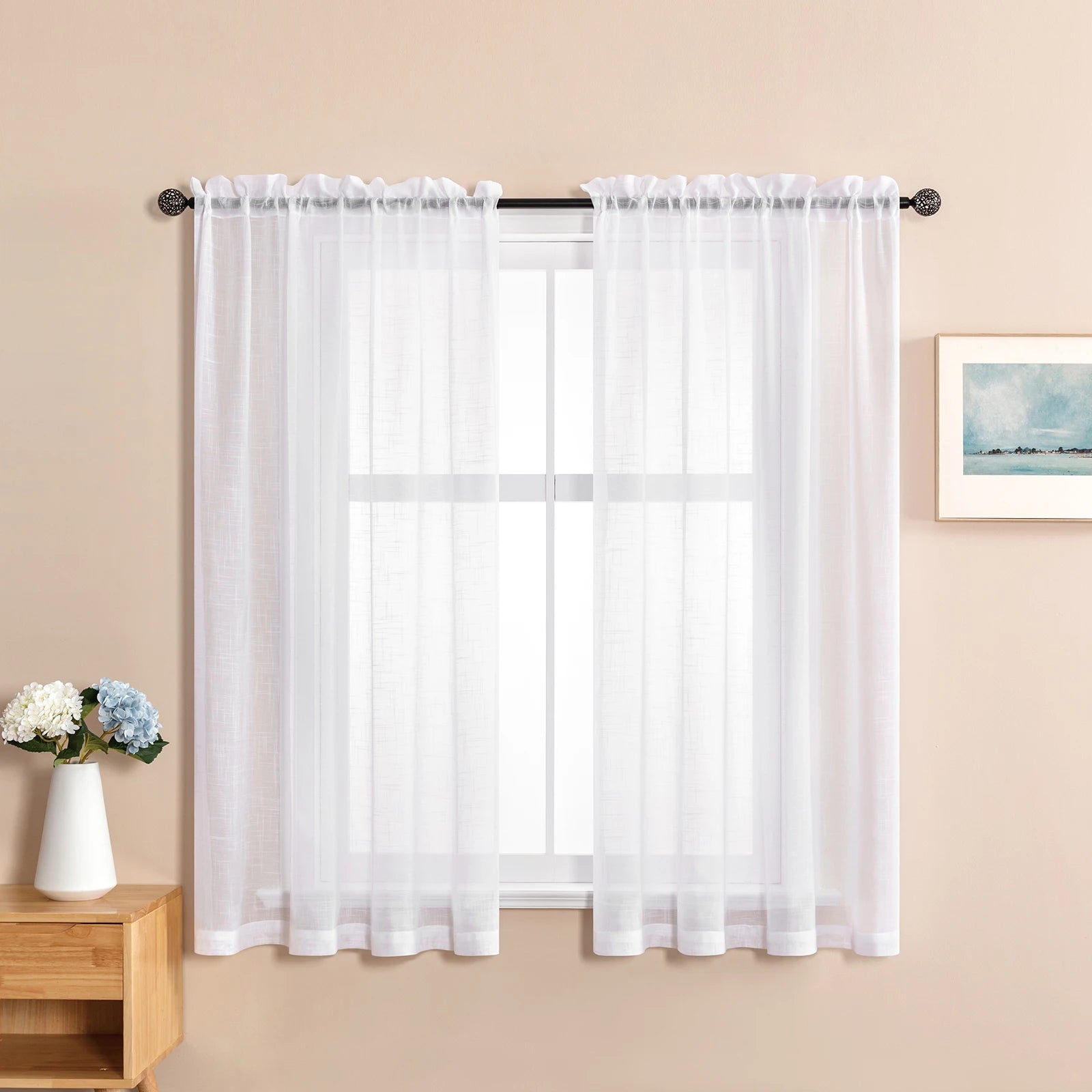 Rideau court voilage blanc effet lin pour cuisine et chambre