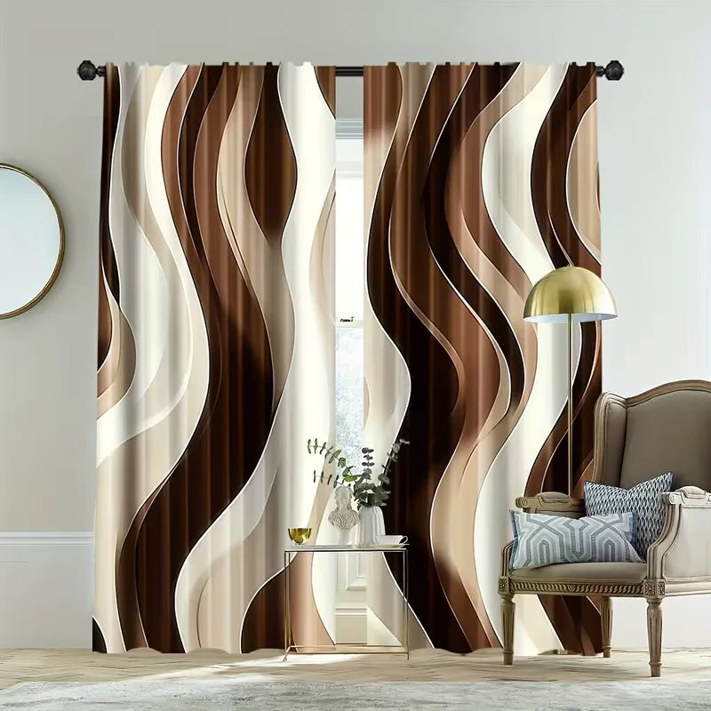 Rideaux voilage vagues marron et crème en polyester pour salon (2 panneaux)
