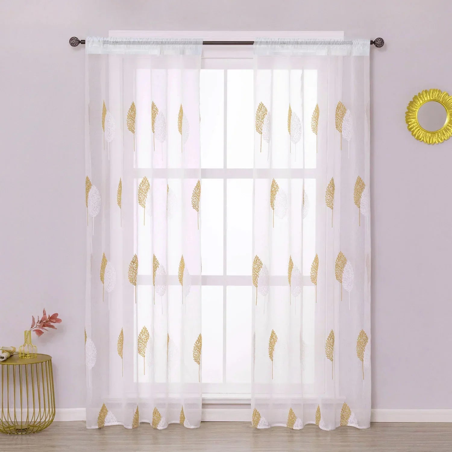 Voilage blanc brodé feuilles jaunes tamisant en polyester pour salon et chambre (1 pièce)