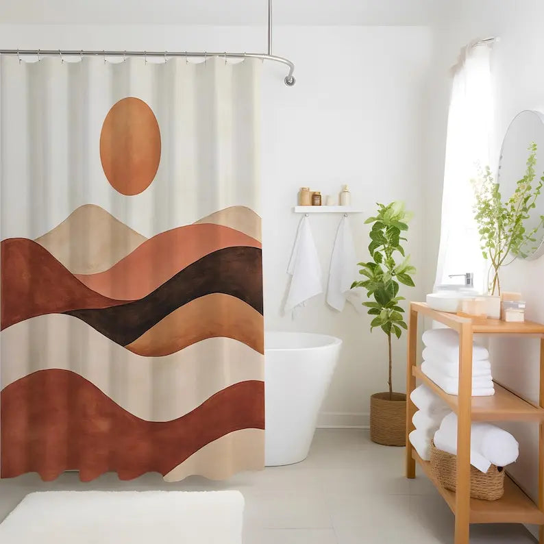 Rideau de douche terracotta motif désert ondulé en polyester imperméable