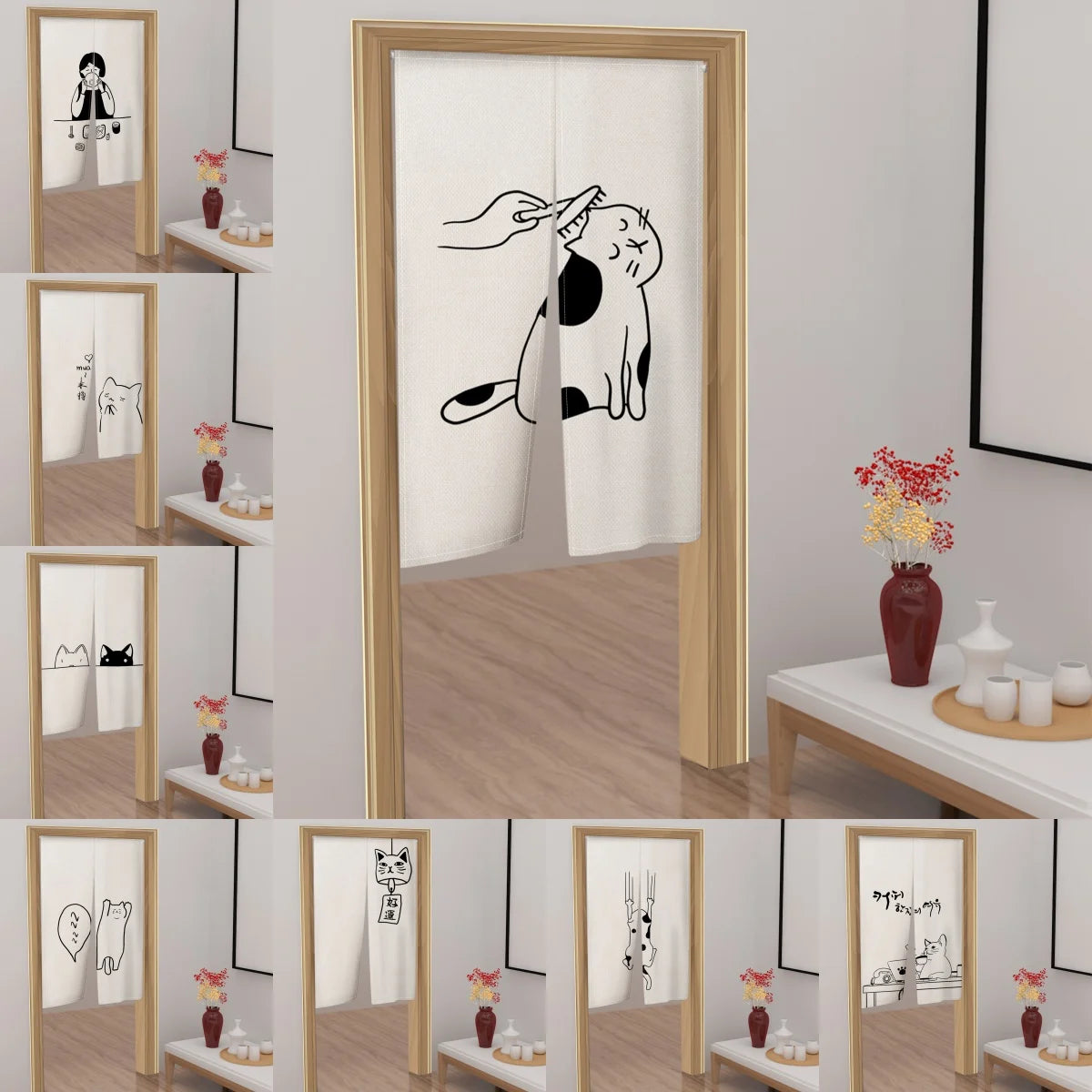 Rideau de porte japonais en lin motif chat style noren pour cuisine et entrée