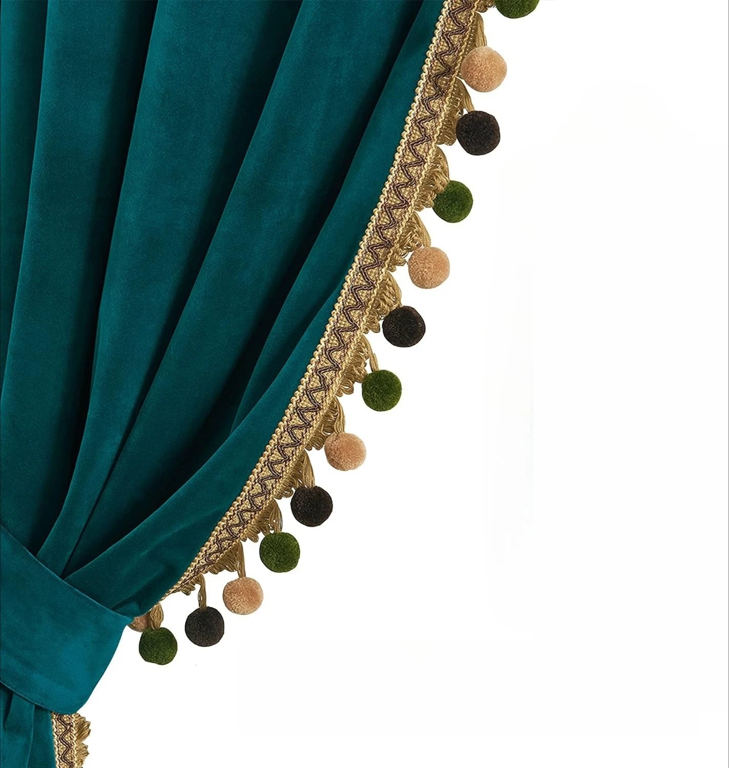 Rideau occultant velours avec galon pompons pour chambre