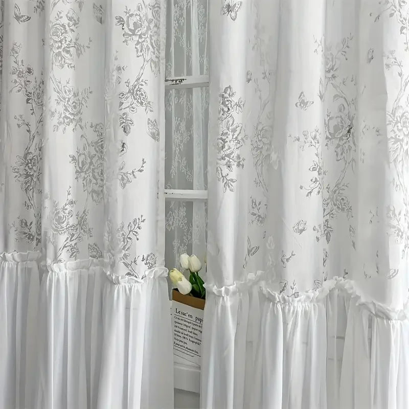 Rideaux voilage brodés motifs ronds dorés pour salon et chambre (2 panneaux)