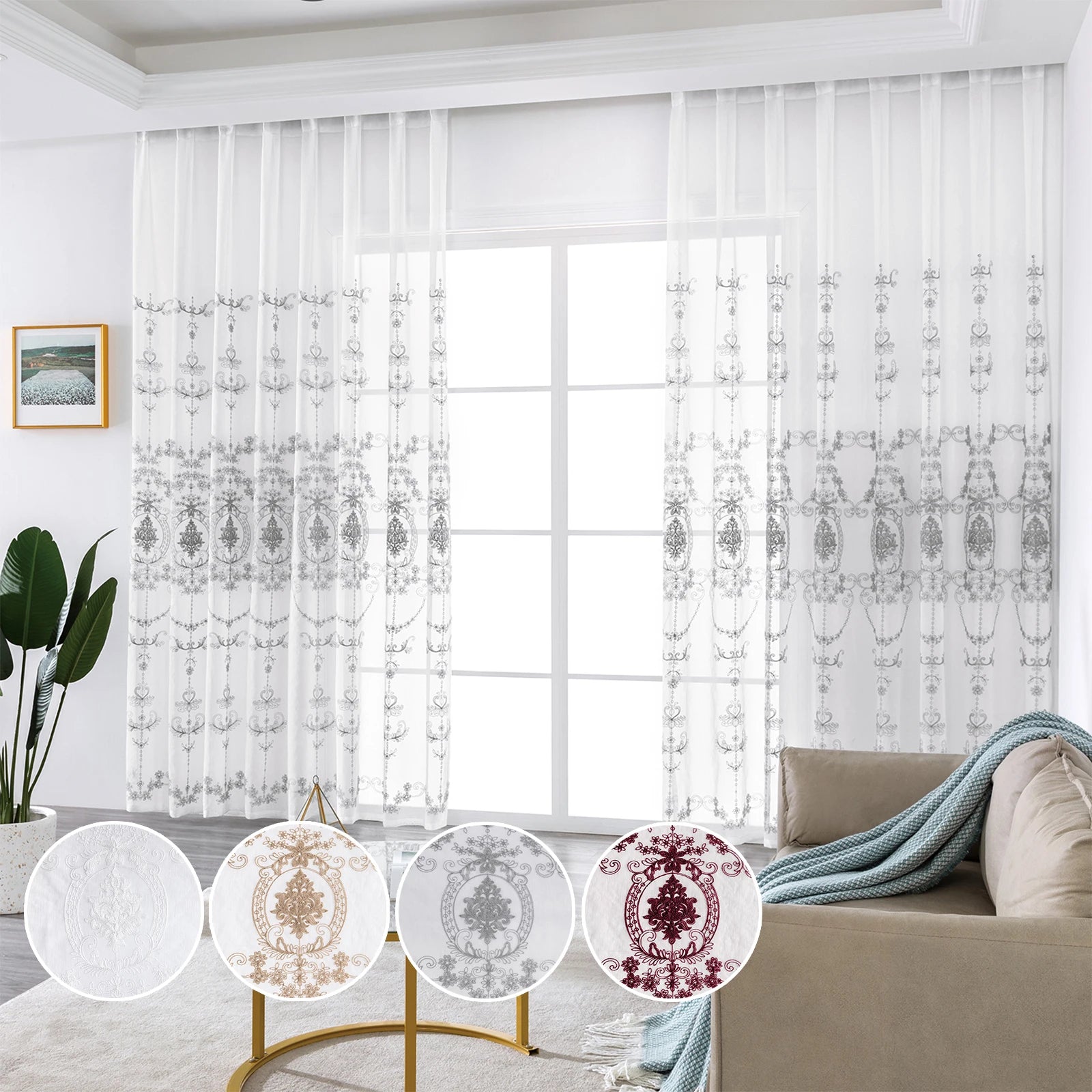 Rideaux voilages brodés à œillets – 2 panneaux légers pour salon et chambre