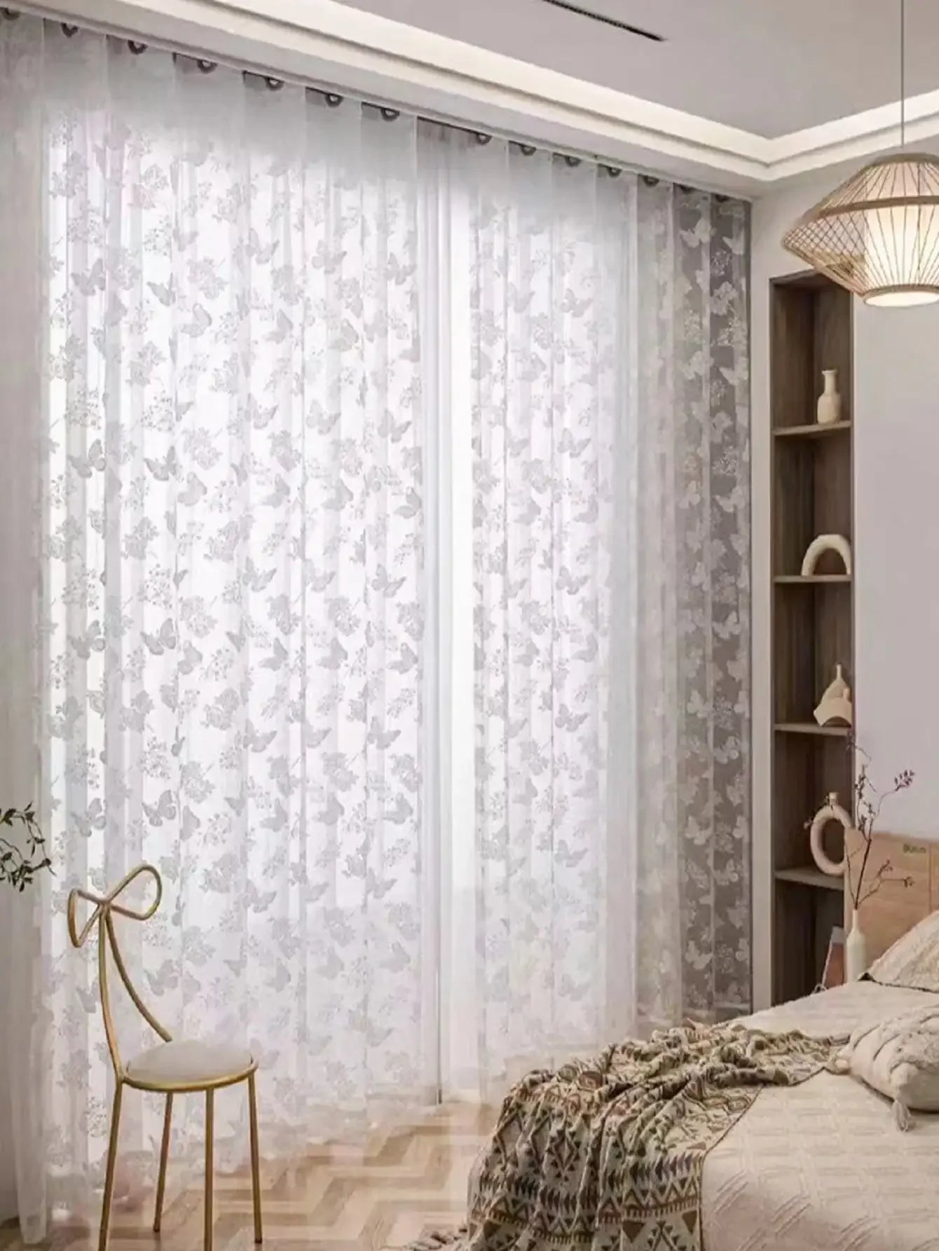 Rideau voilage blanc en coton motif papillon pour chambre (1 panneau)
