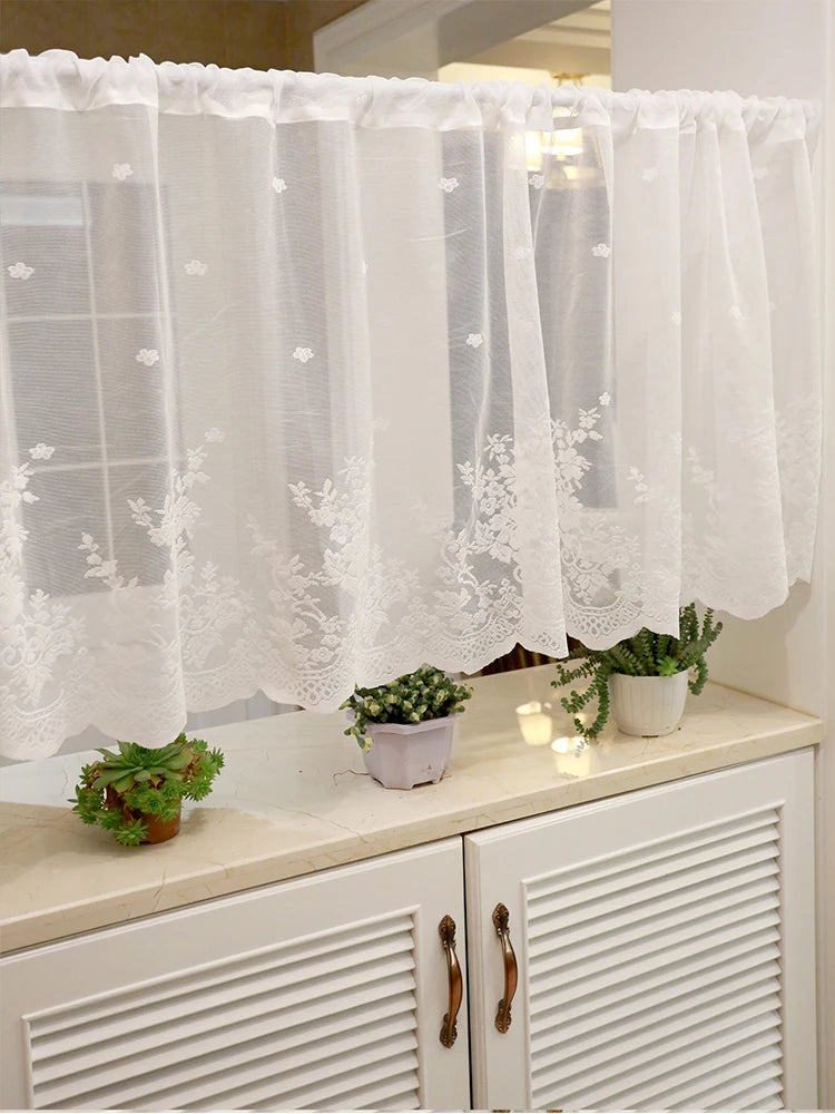 Rideau brise bise dentelle blanche brodée tamisant pour cuisine fenêtre