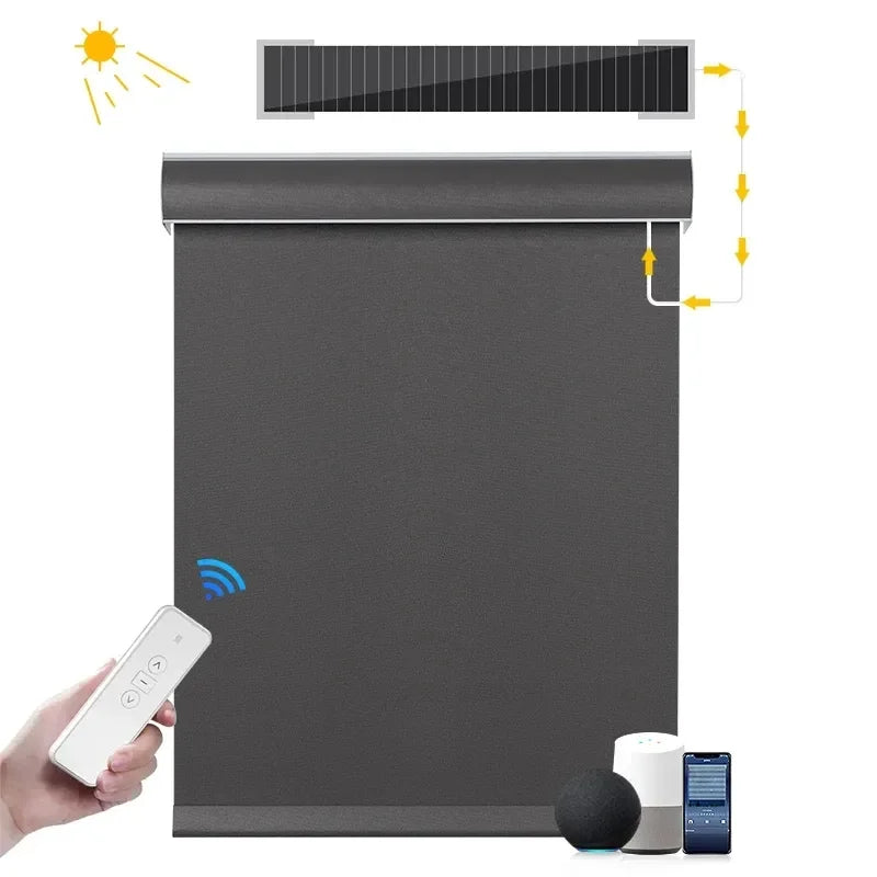 Store enrouleur occultant motorisé solaire sur mesure avec télécommande connecté