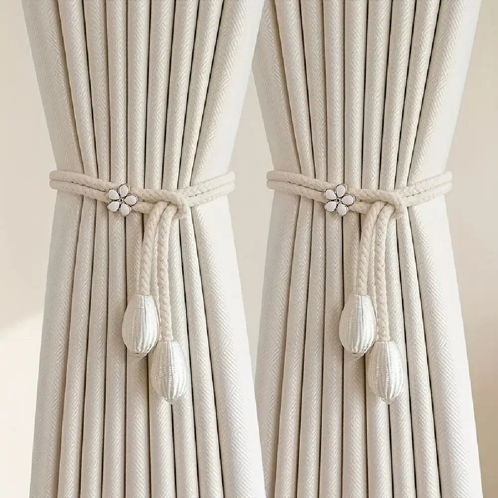 Embrasse de rideau tressée avec boucle fleur et perles (2 pièces)