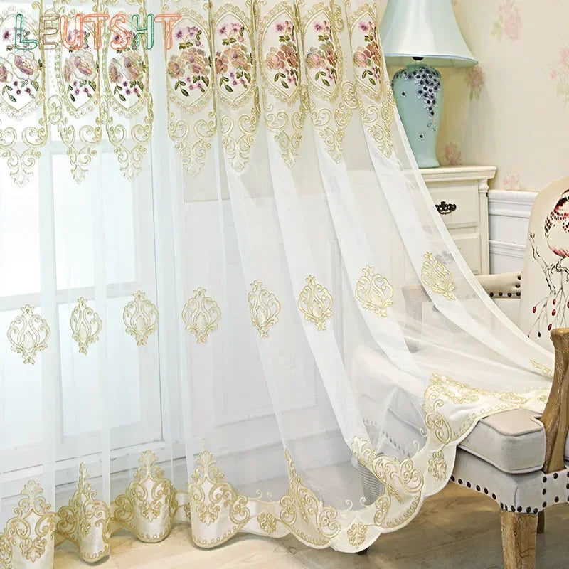 Rideau voilage blanc brodé luxe en polyester tamisant pour salon et chambre