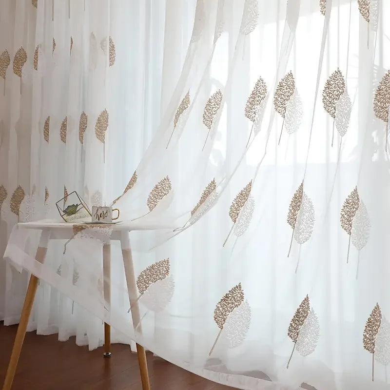 Rideau voilage brodé feuilles translucide blanc élégant pour salon ( 1 pièce )