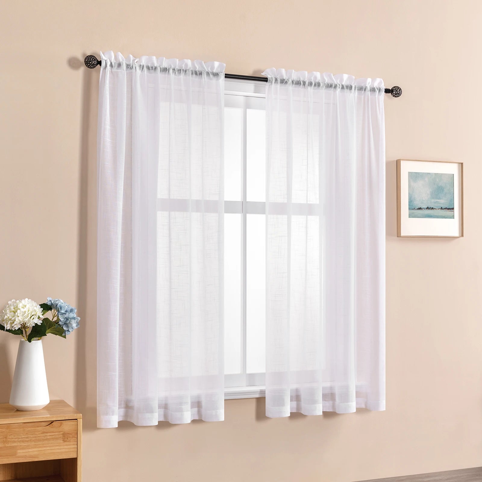 Rideau court voilage blanc effet lin pour cuisine et chambre