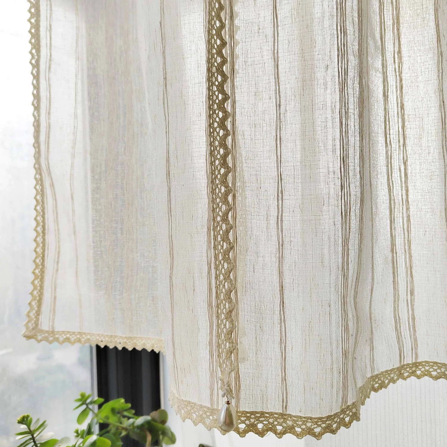 Rideau brise bise relevable beige rayé tamisant pour cuisine fenêtre (1 pièce)