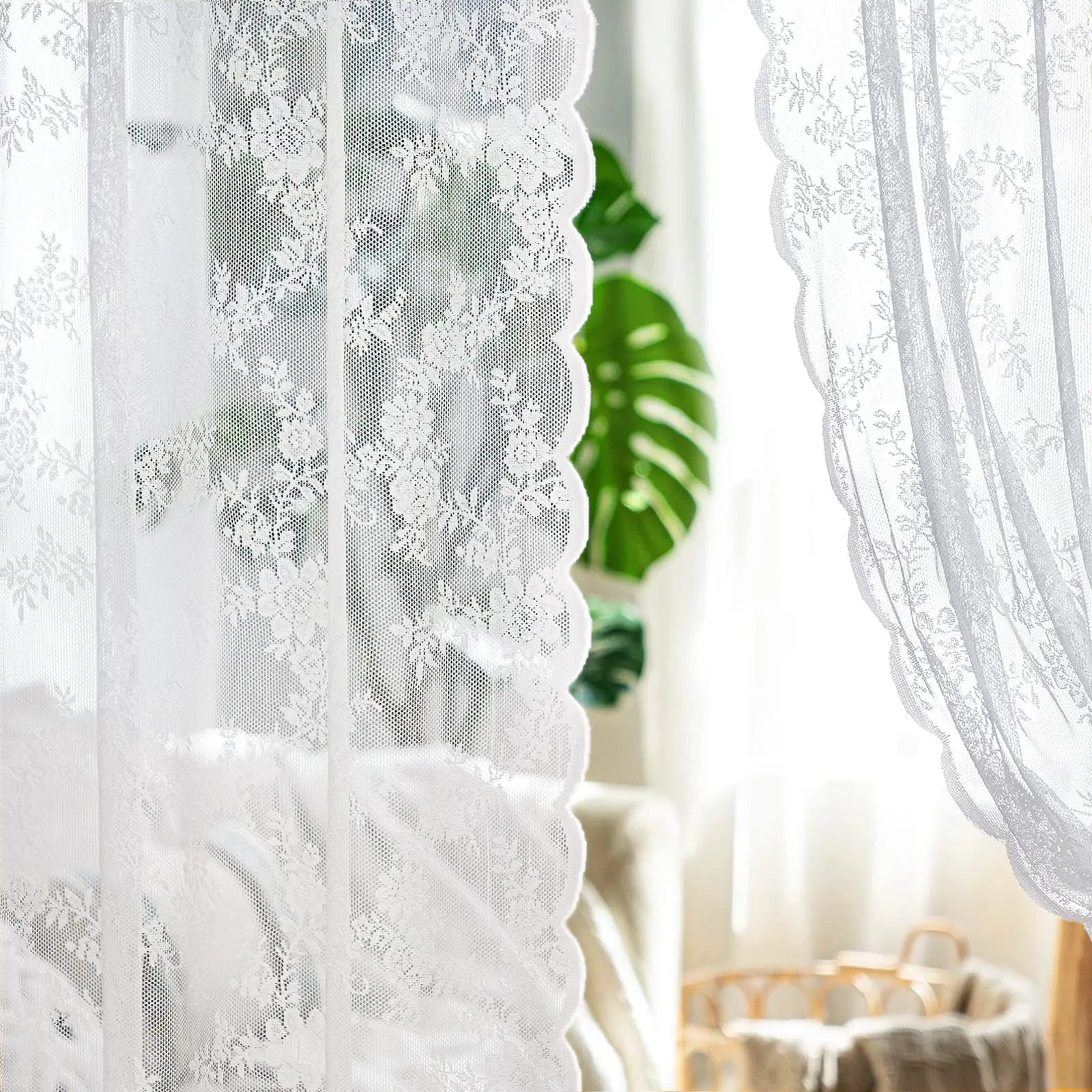 Rideau voilage dentelle blanche florale tamisant élégant pour salon et chambre