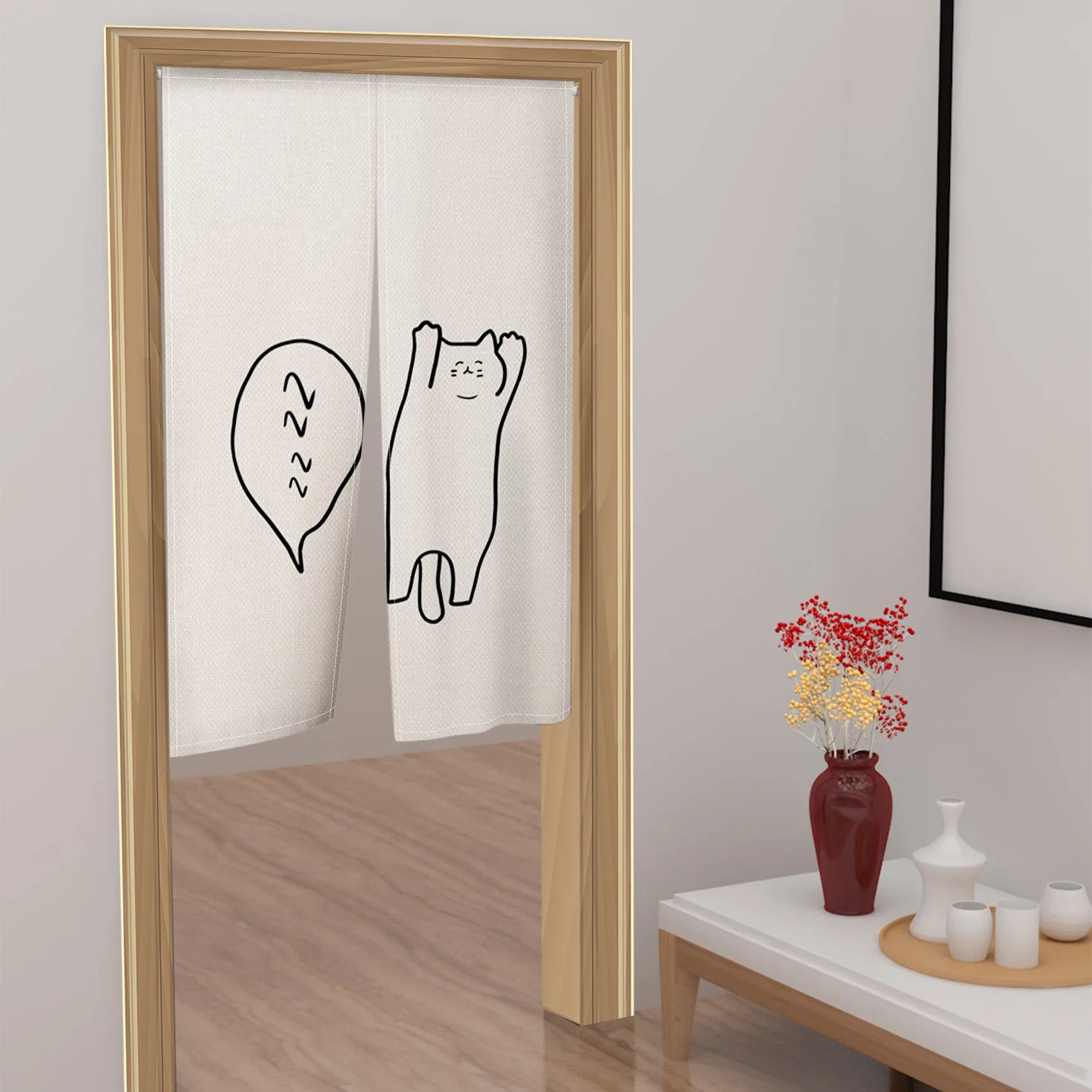 Rideau de porte japonais en lin motif chat style noren pour cuisine et entrée