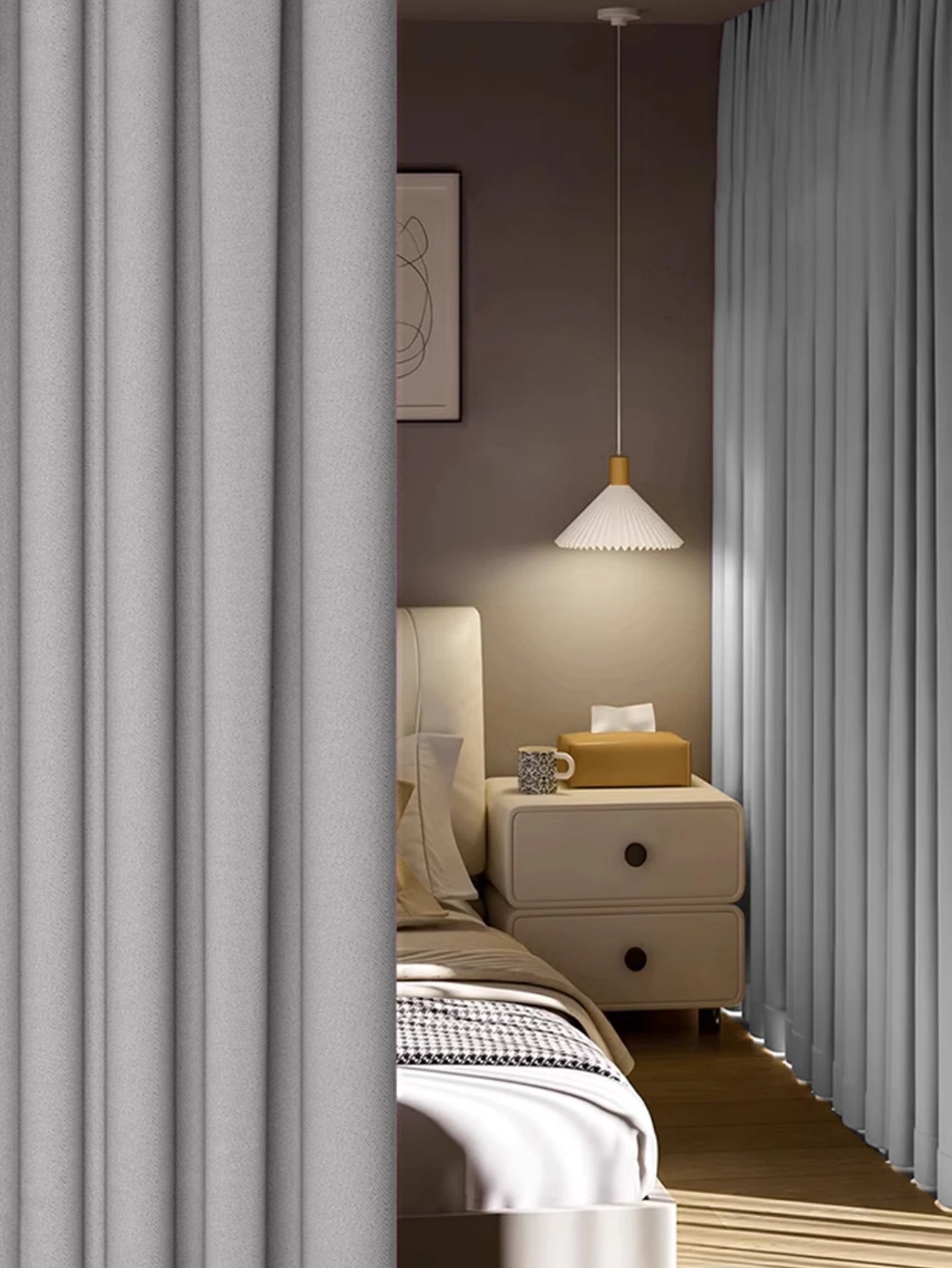 Rideau phonique et occultant gris clair épais double couche