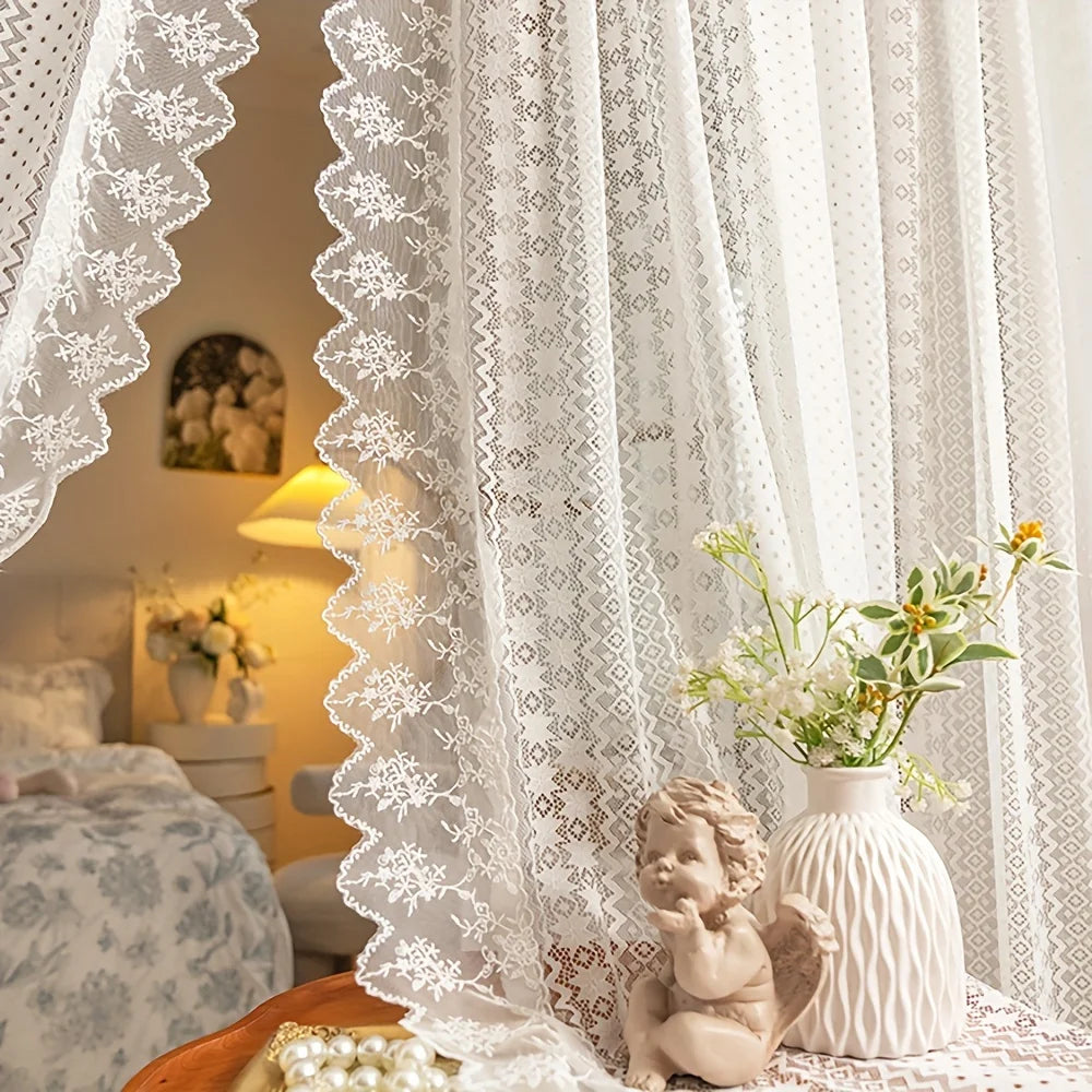 Rideau voilage dentelle blanche brodée pour chambre et salon