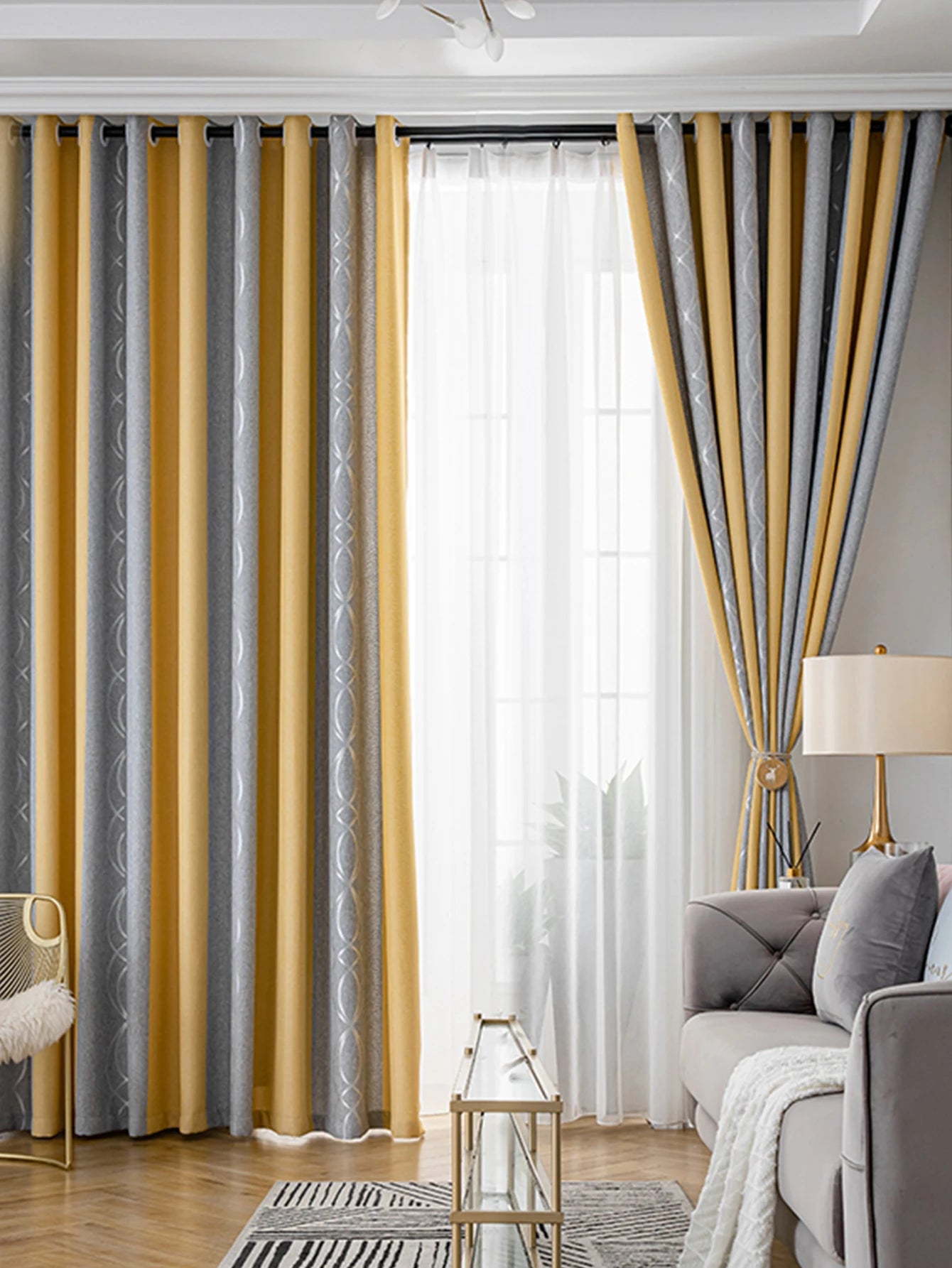 Rideaux jacquard rayés épais jaune et gris pour salon et chambre (2 panneaux)