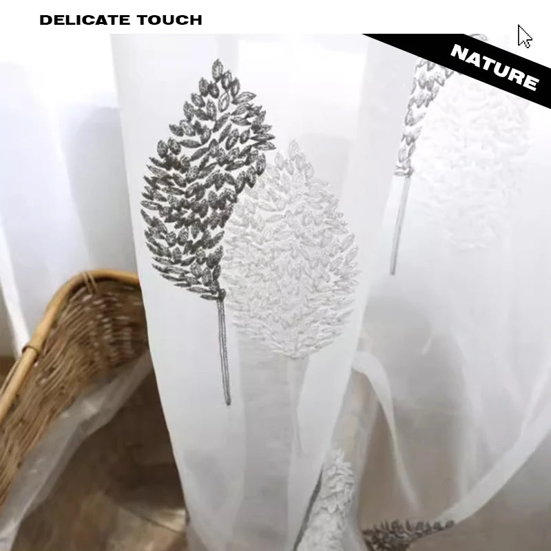 Voilage blanc brodé feuilles grises en tulle transparent pour salon moderne