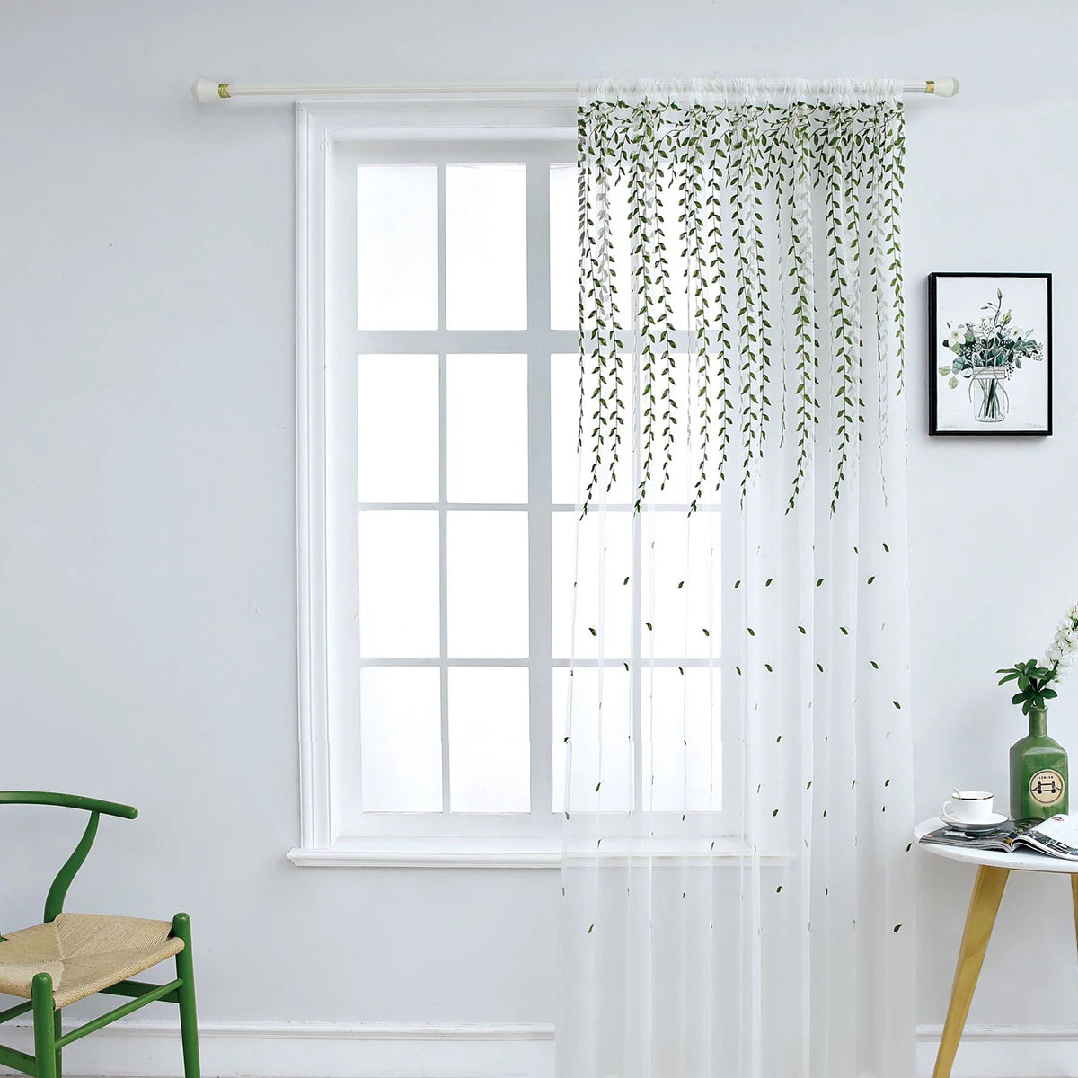Rideau voilage feuilles brodées vert tamisant polyester pour salon et chambre
