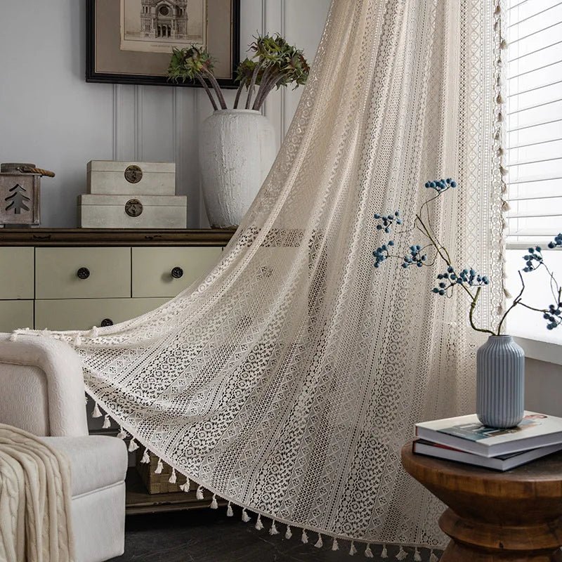 Rideau voilage bohème en coton macramé ajouré avec pompons
