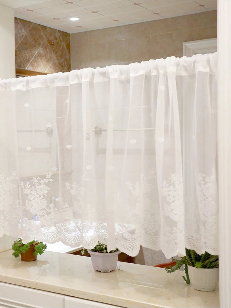 Rideau brise bise dentelle blanche brodée tamisant pour cuisine fenêtre
