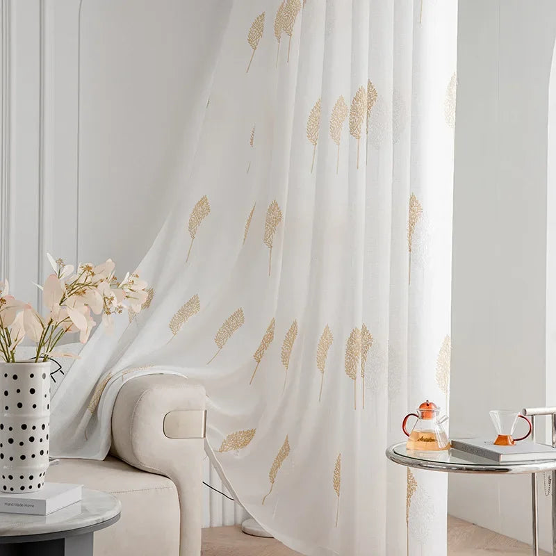 Voilage blanc brodé feuilles jaunes tamisant en polyester pour salon et chambre