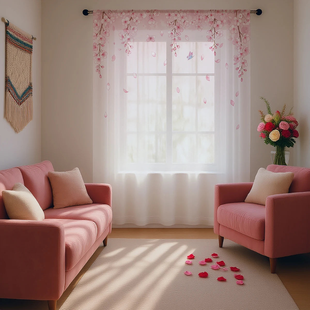 Rideau Transparent à Motif Fleurs de Pêche Rose – Voilage Modern pour Salon, Chambre et Bureau
