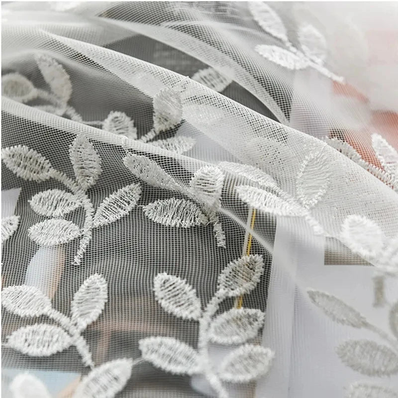 Rideau voilage feuilles brodées dentelle bas finition tamisant pour salon (1 pièce)