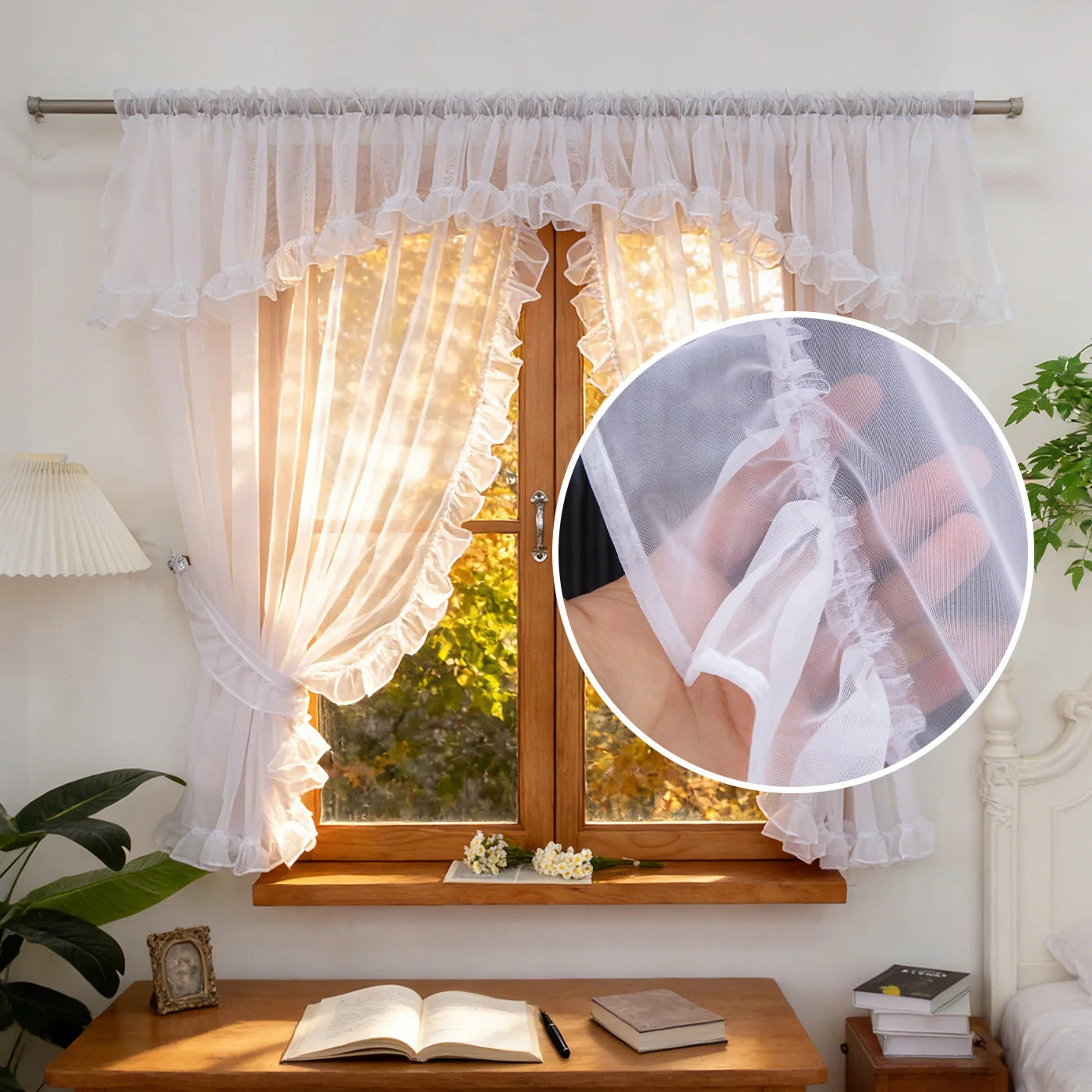Rideau voilage blanc uni tamisant léger à volants pour salon et chambre