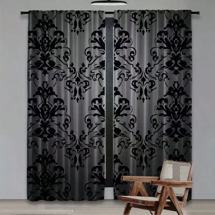 Rideaux voilage gris et noir à motifs damassés (2 panneaux)