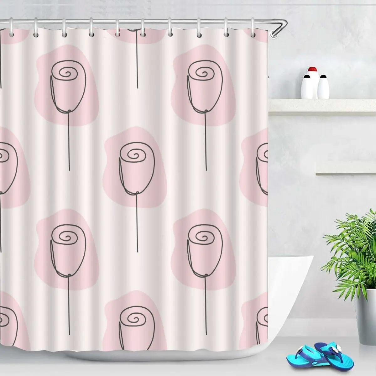 Rideau de douche en polyester imperméable motif tulipes roses