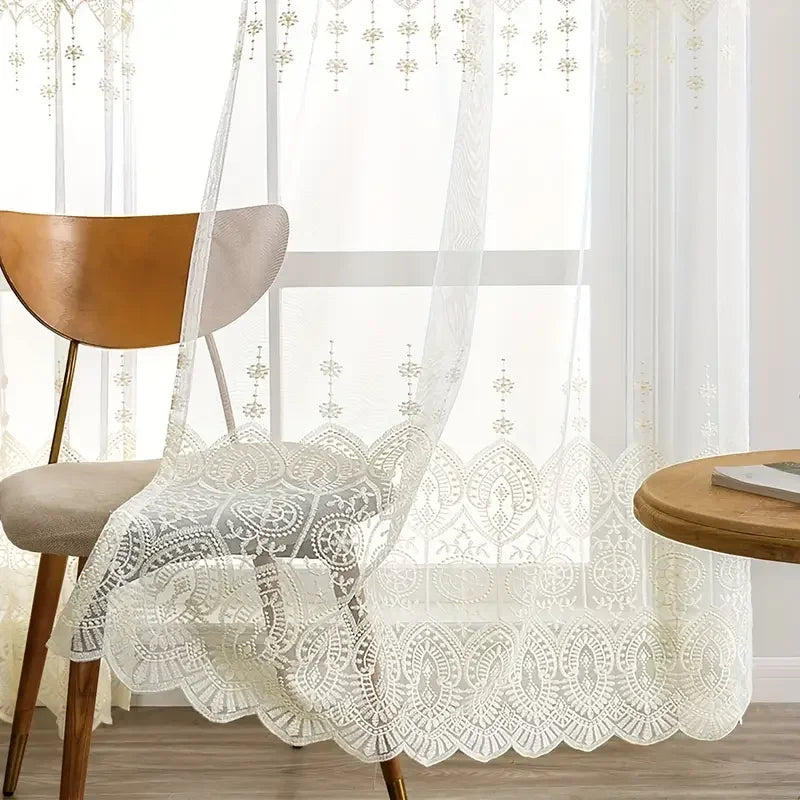 Grand rideau voilage blanc brodé style européen pour salon et chambre