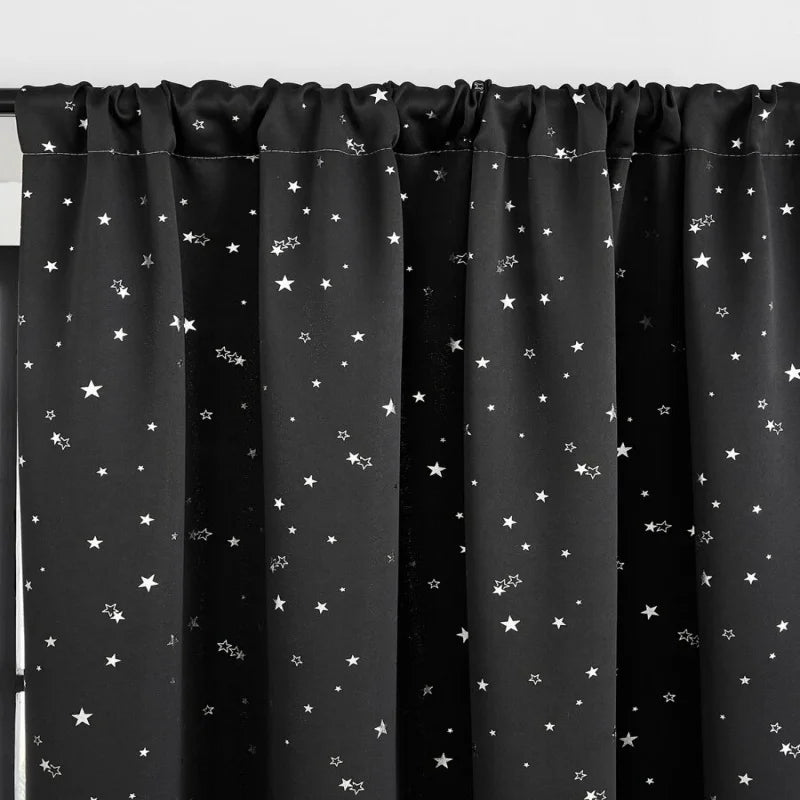 Rideau occultant noir motif étoiles métalliques pour chambre